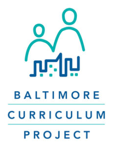 Baltimore Curriculum Project logo. Shows adult figure holding hands with youth figure with artistic city skyline